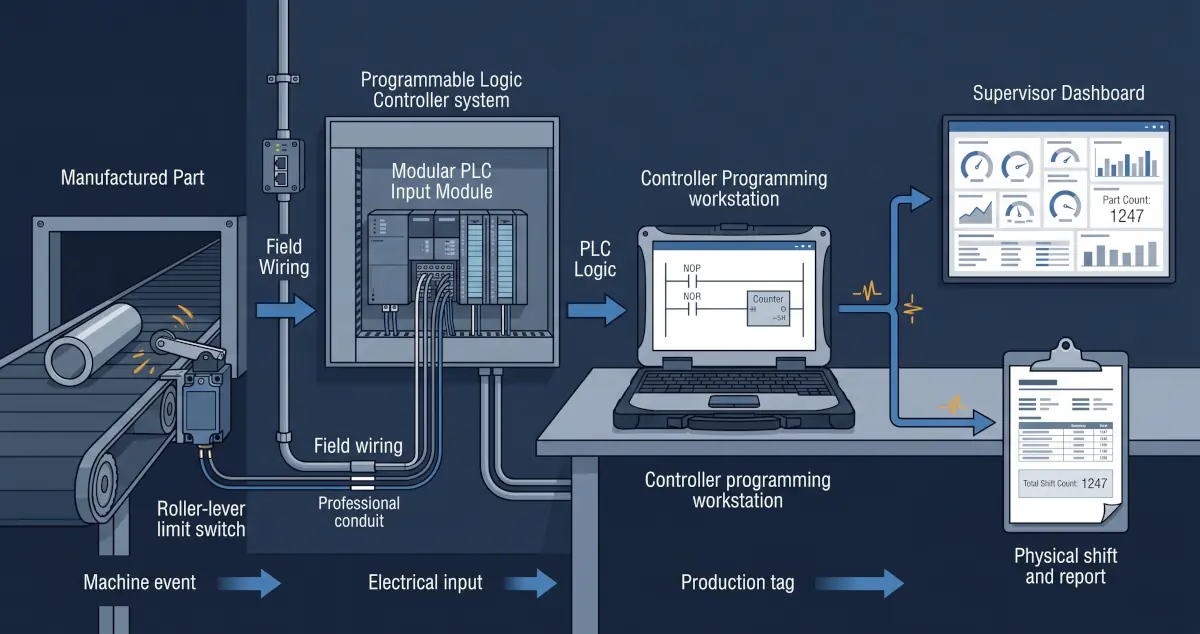 Production data path from a PLC through controller logic to a supervisor dashboard and shift report