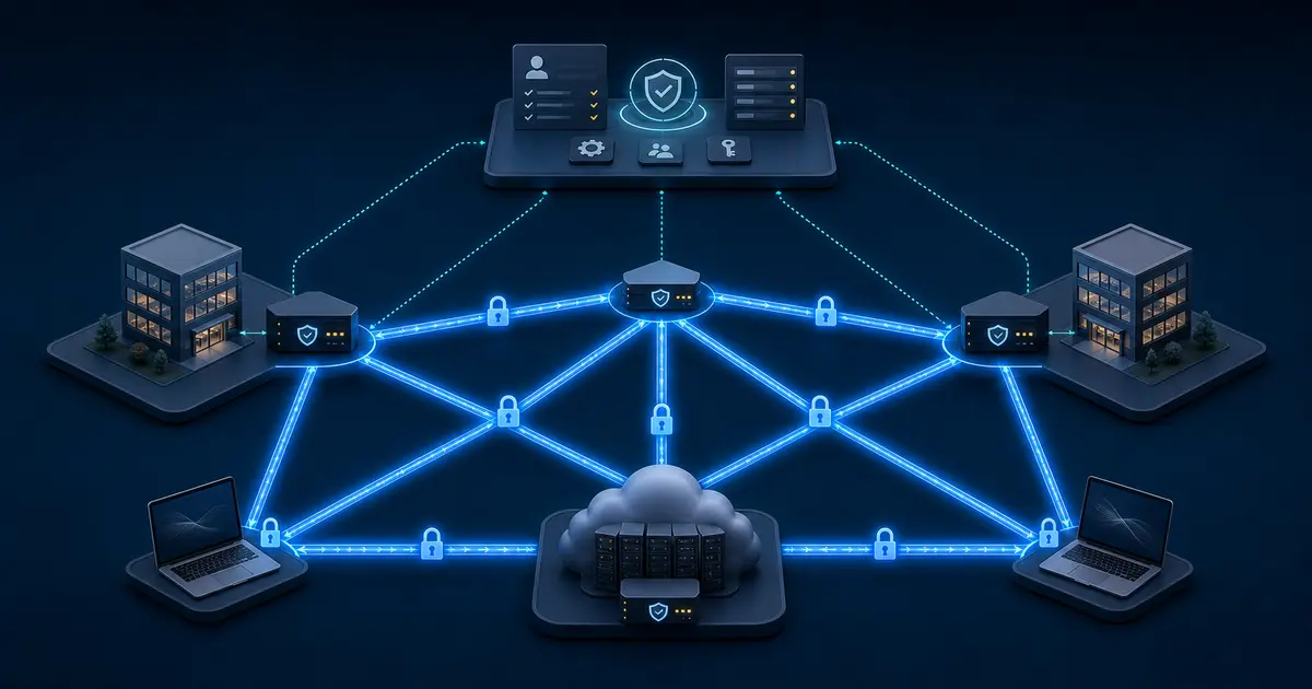 Managed encrypted connections linking business sites, cloud systems, and remote workers